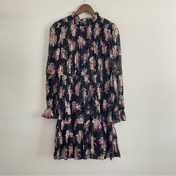 Rebecca Taylor | Women’s Black Floral Smock Dress Silk Ruffles Mock-Neck Flowy M - Picture 3 of 13